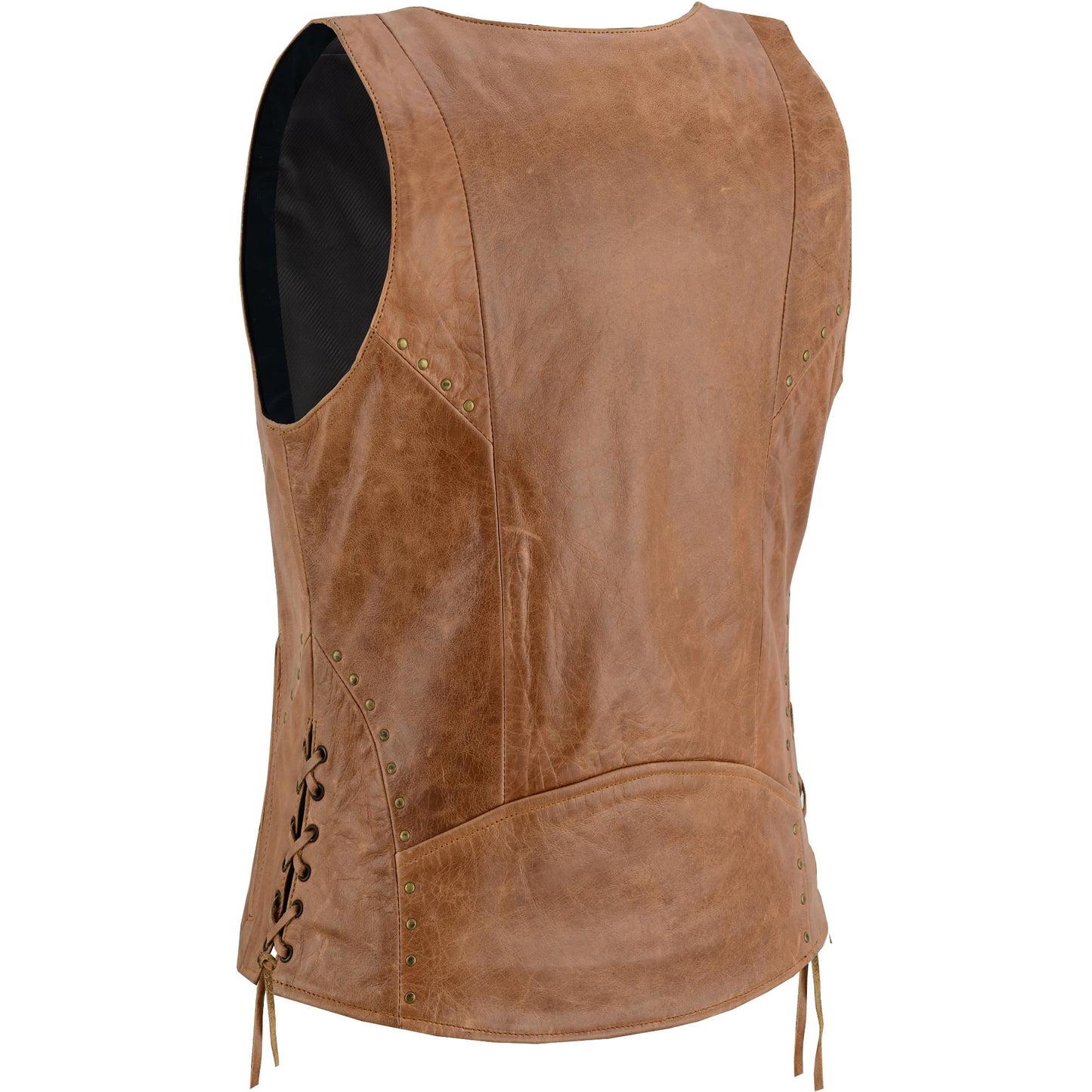 Women's Brown Zippered Leather Vest with Lacing Details