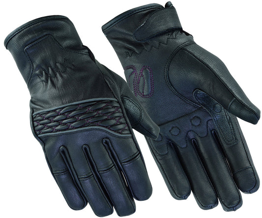 Women's Black/Purple Cruiser Leather Gloves – Gel Palm, Touchscreen, Hot Pink Stitching