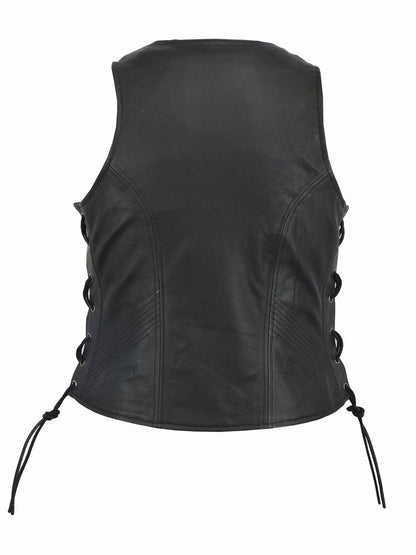 Women's Stylish Open Neck Side Lace Zipper Front Leather Vest