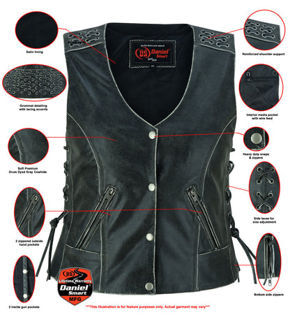 Women's Gray Leather Vest with Grommet and Lacing Accents