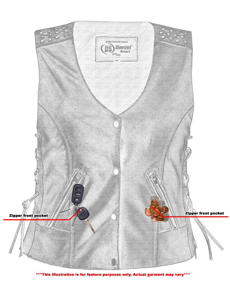 Women's Gray Leather Vest with Grommet and Lacing Accents