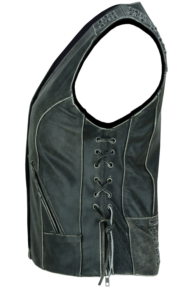 Women's Gray Leather Vest with Grommet and Lacing Accents