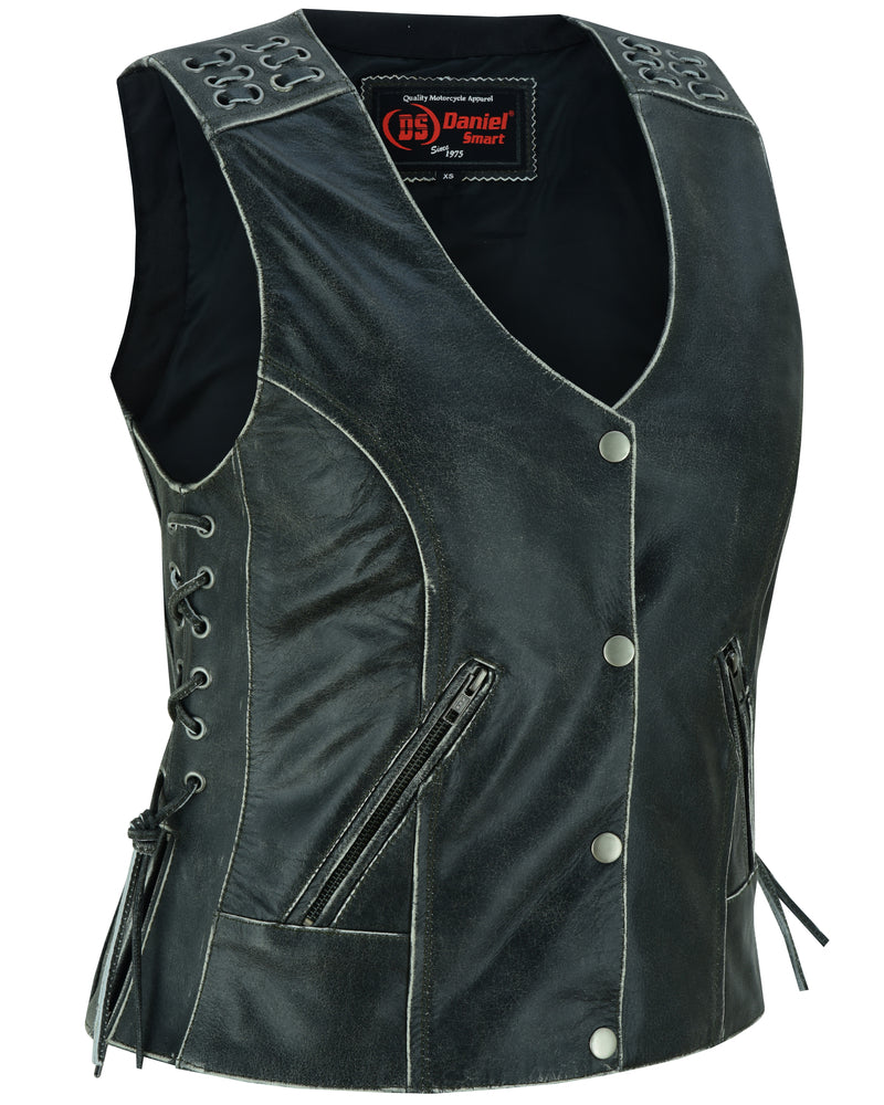 Women's Gray Leather Vest with Grommet and Lacing Accents