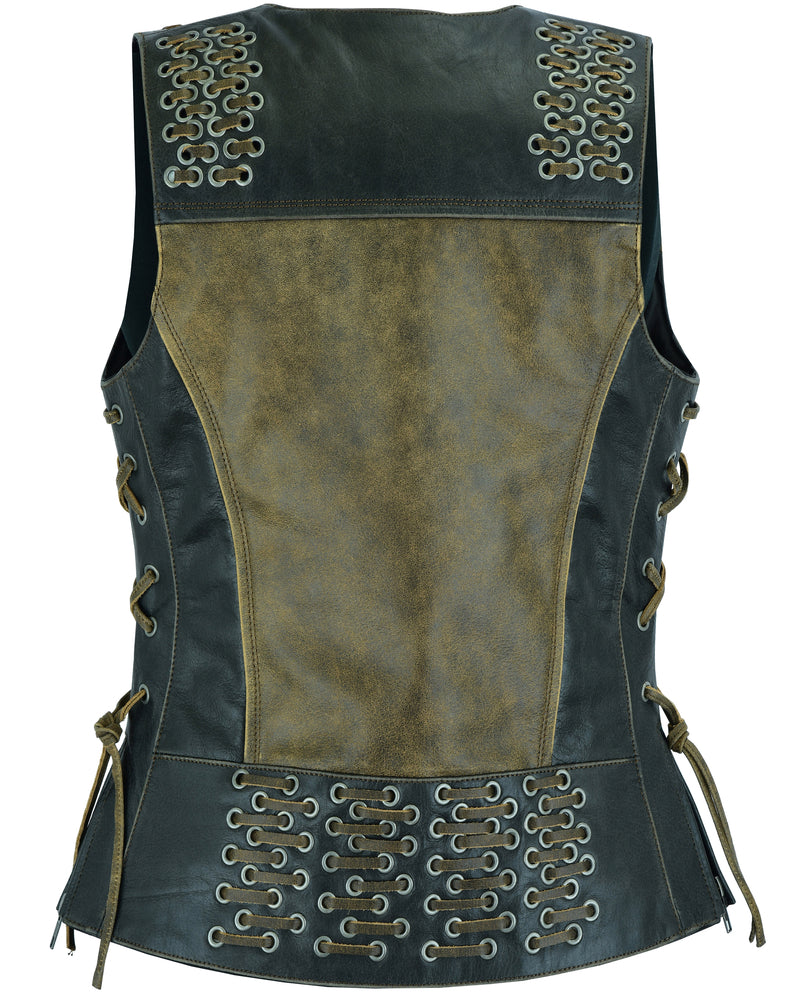 Women's Motorcycle Leather Vest with Grommet and Lacing Accents - Two Tone