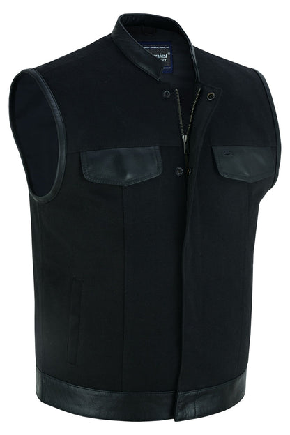 Canvas Back Panel Mens Textile Vest with Leather Trimming