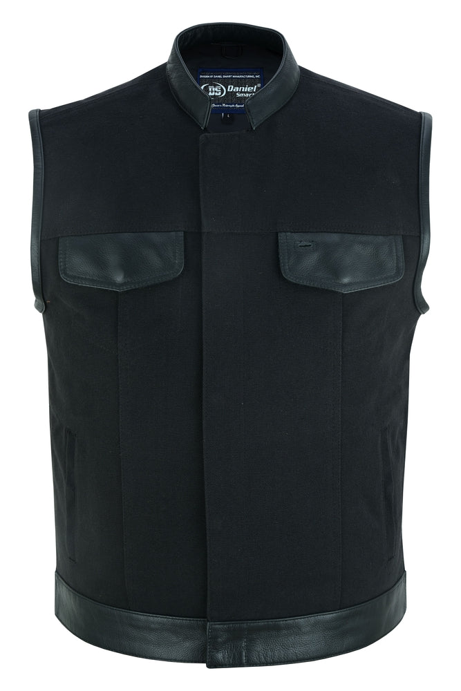 Canvas Back Panel Mens Textile Vest with Leather Trimming