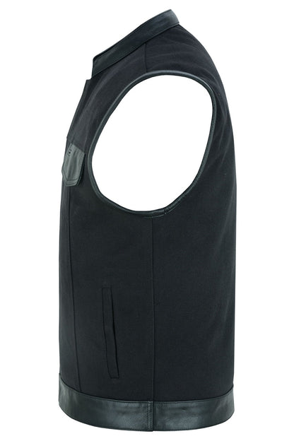 Canvas Back Panel Mens Textile Vest with Leather Trimming