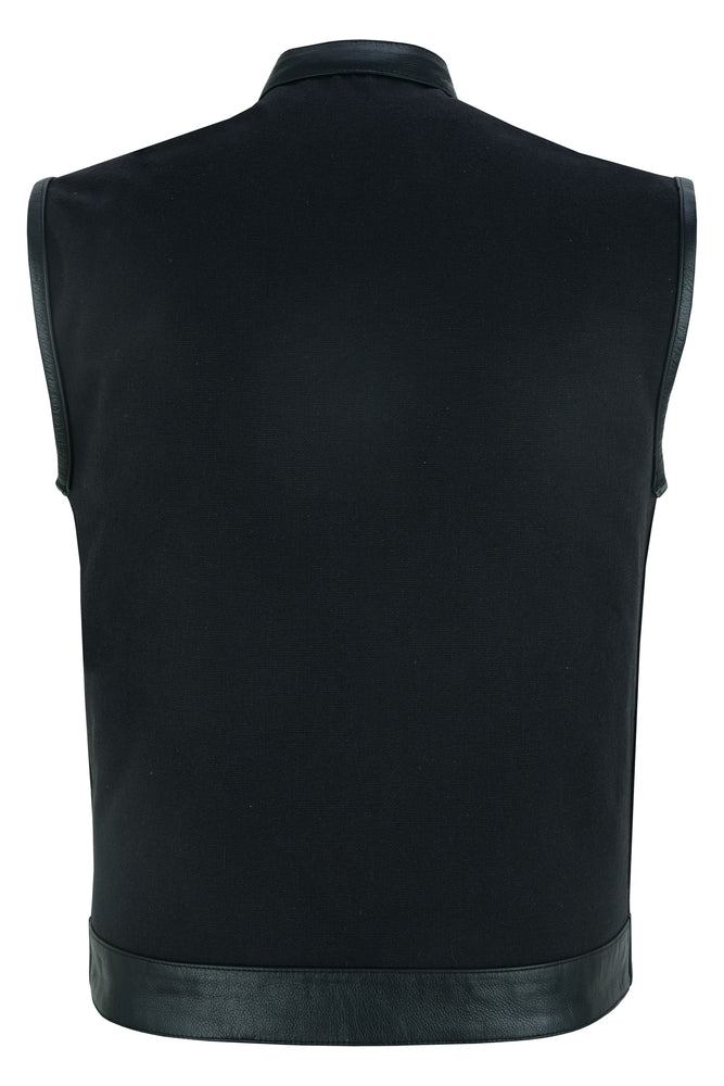 Canvas Back Panel Mens Textile Vest with Leather Trimming