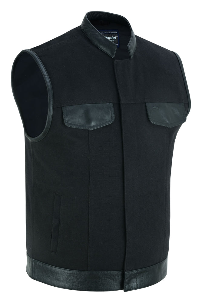 Canvas Back Panel Mens Textile Vest with Leather Trimming