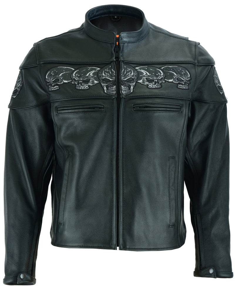 Men's Scooter Leather  Jacket W/Reflective Skulls