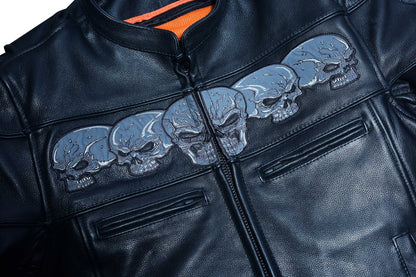 Men's Scooter Leather  Jacket W/Reflective Skulls