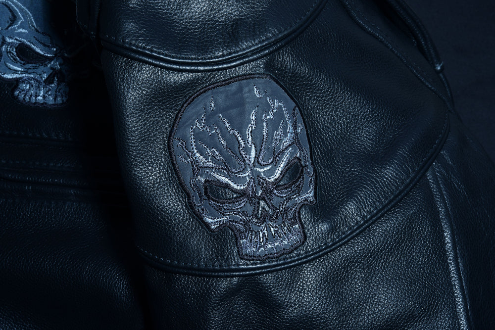 Men's Scooter Leather  Jacket W/Reflective Skulls