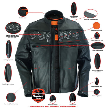 Men's Scooter Leather  Jacket W/Reflective Skulls