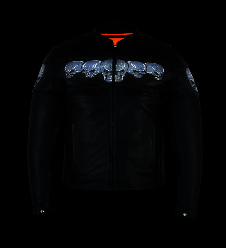 Men's Scooter Leather  Jacket W/Reflective Skulls