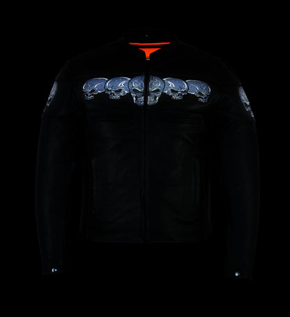 Men's Scooter Leather  Jacket W/Reflective Skulls