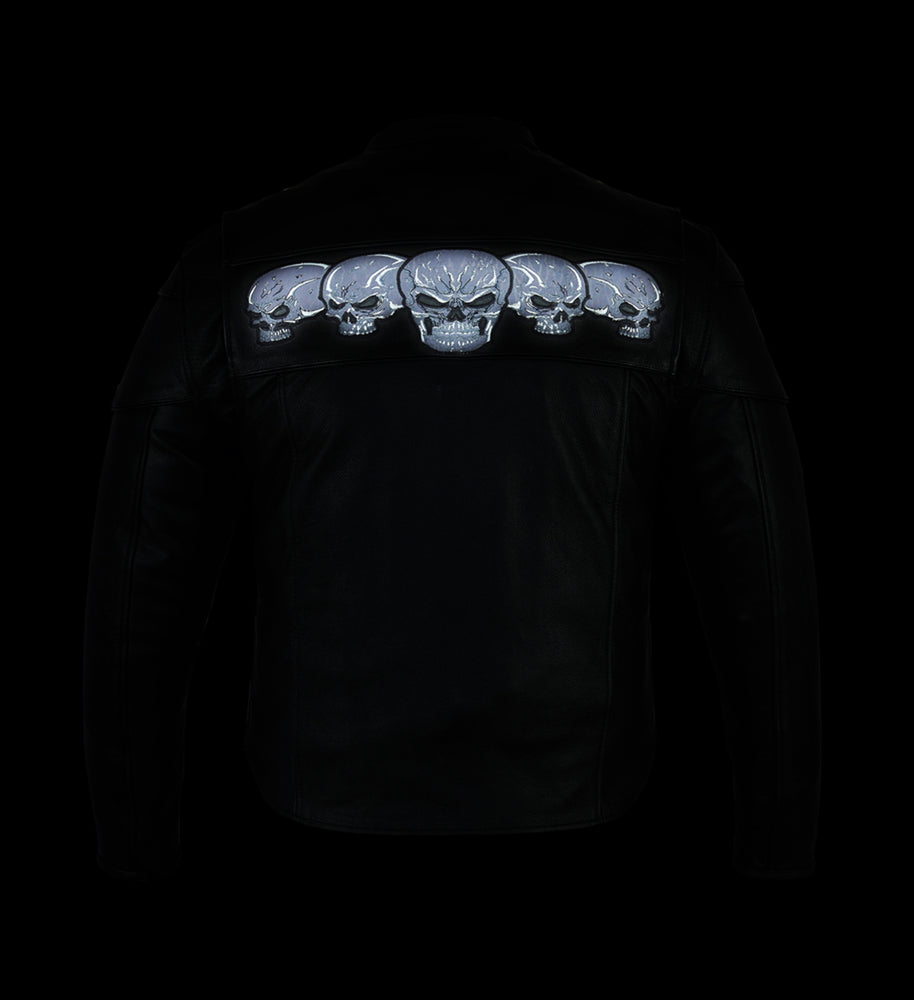 Men's Scooter Leather  Jacket W/Reflective Skulls