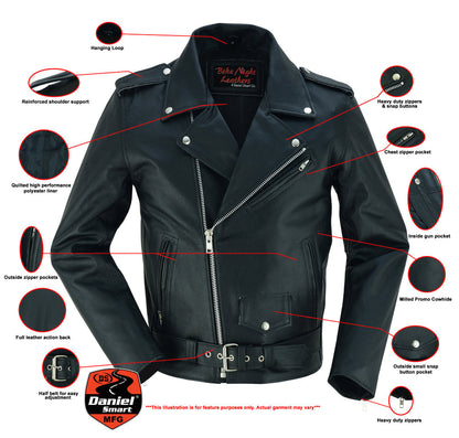 Economy Men's Motorcycle Classic Biker Leather Jacket - Plain Sides