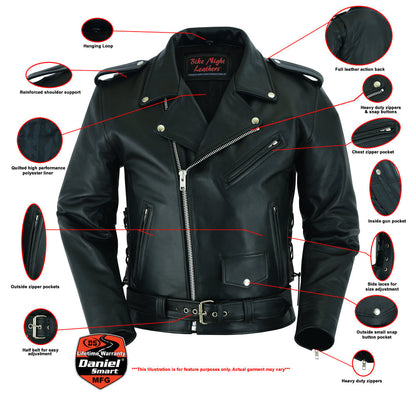 Economy Men's  Motorcycle Classic Biker Leather Jacket - Side Laces