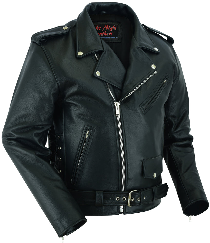 Economy Men's  Motorcycle Classic Biker Leather Jacket - Side Laces