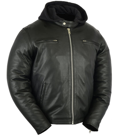 Men's Sporty Cruiser Leather Jacket with Removable Hood