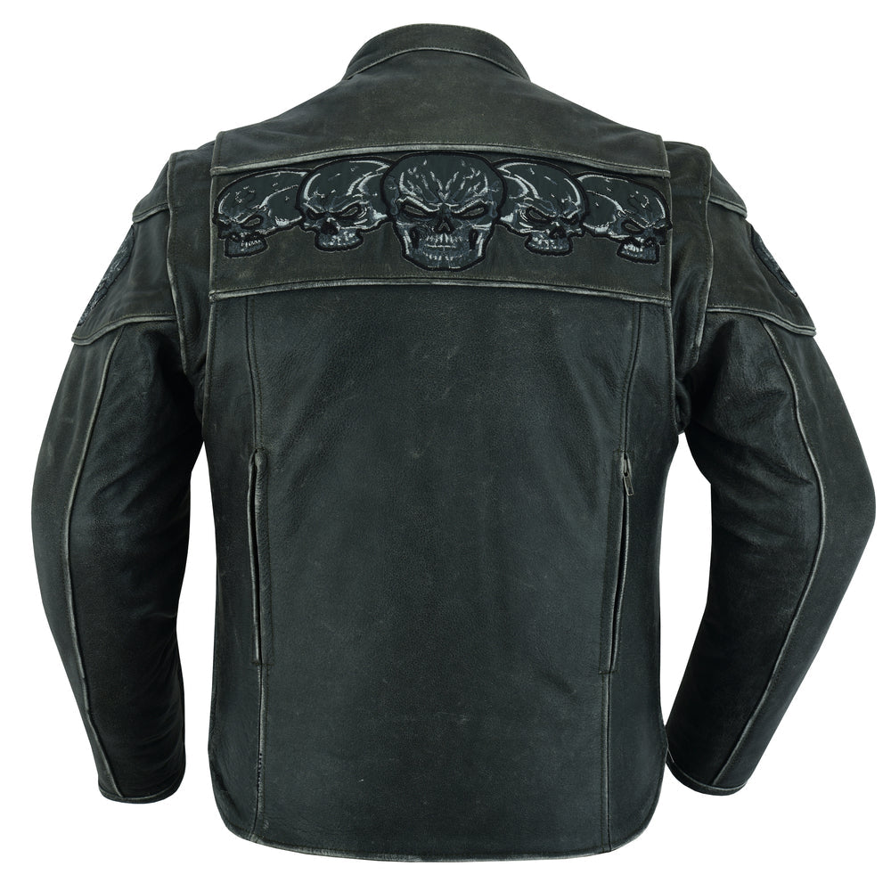 Men's Blackish Gray Leather Jacket with Reflective Skulls