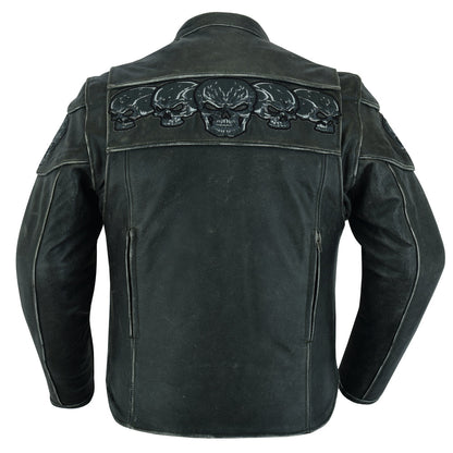 Men's Blackish Gray Leather Jacket with Reflective Skulls