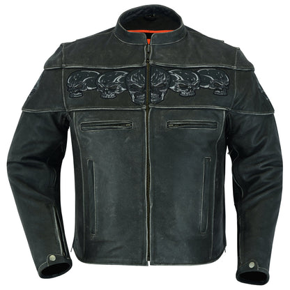 Men's Blackish Gray Leather Jacket with Reflective Skulls