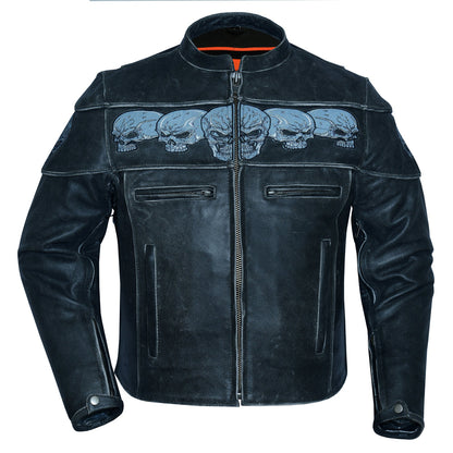 Men's Blackish Gray Leather Jacket with Reflective Skulls