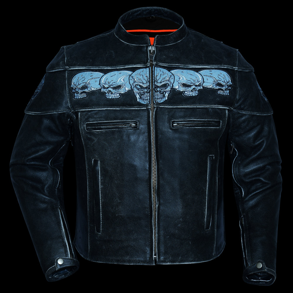 Men's Blackish Gray Leather Jacket with Reflective Skulls