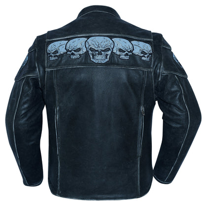 Men's Blackish Gray Leather Jacket with Reflective Skulls