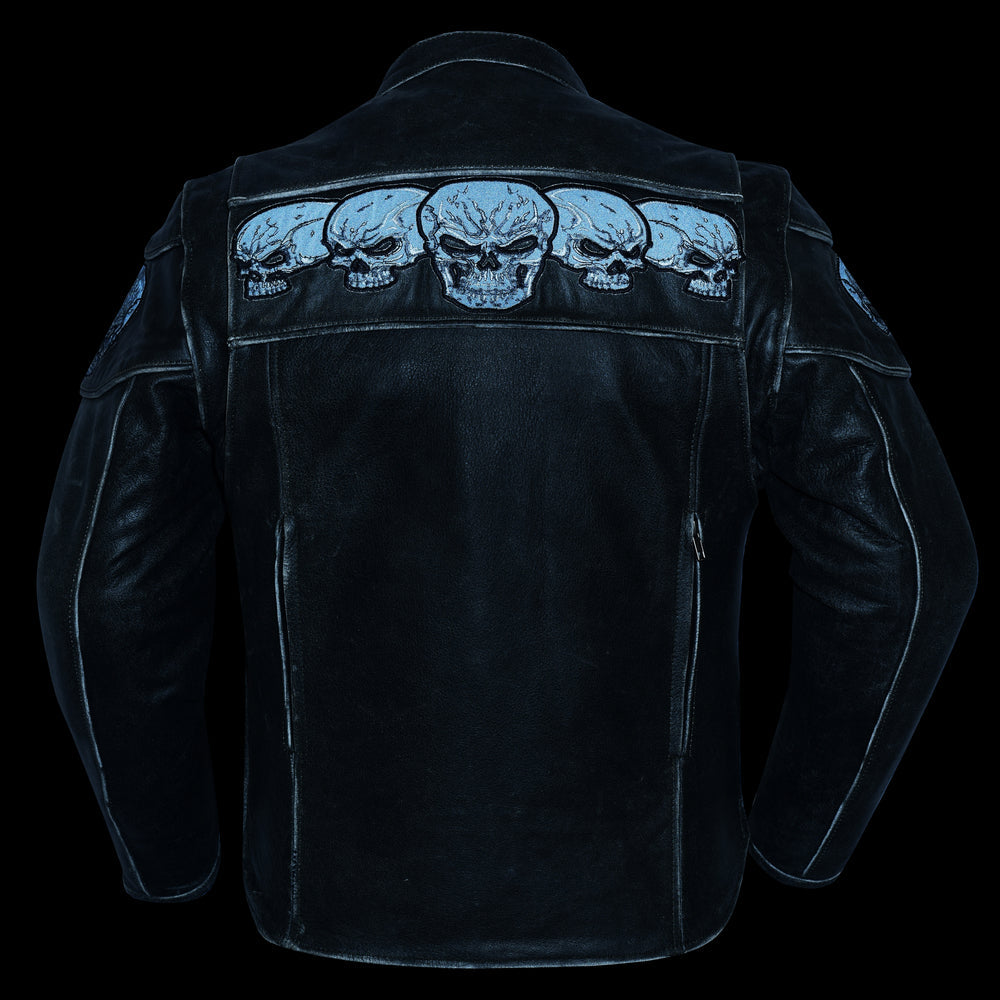 Men's Blackish Gray Leather Jacket with Reflective Skulls