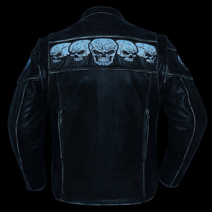 Men's Blackish Gray Leather Jacket with Reflective Skulls