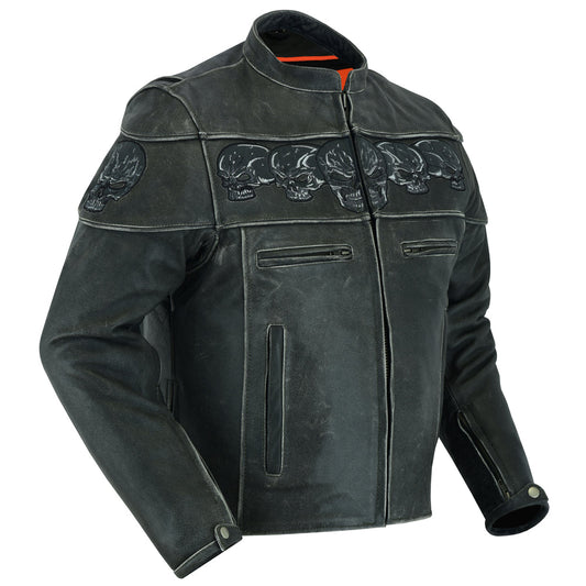 Men's Blackish Gray Leather Jacket with Reflective Skulls