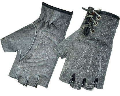 Women's Washed-Out Gray Leather Perforated Fingerless Gloves