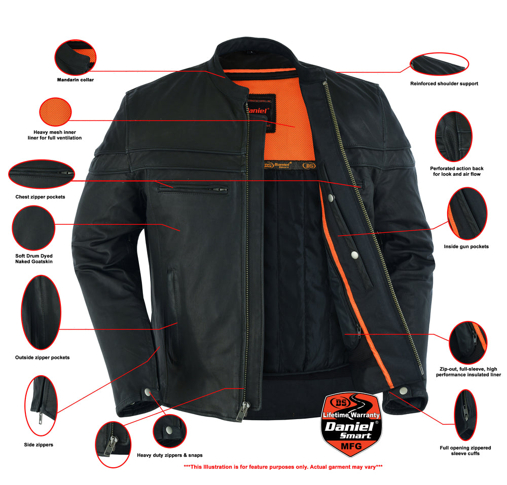 Men's Sporty Lightweight Leather Cross Over Jacket - Black