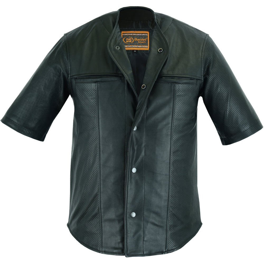 Men's  Leather Baseball Motorcycle Shirt - Black