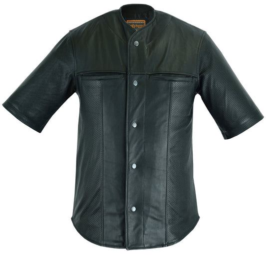 Men's  Leather Baseball Motorcycle Shirt - Black