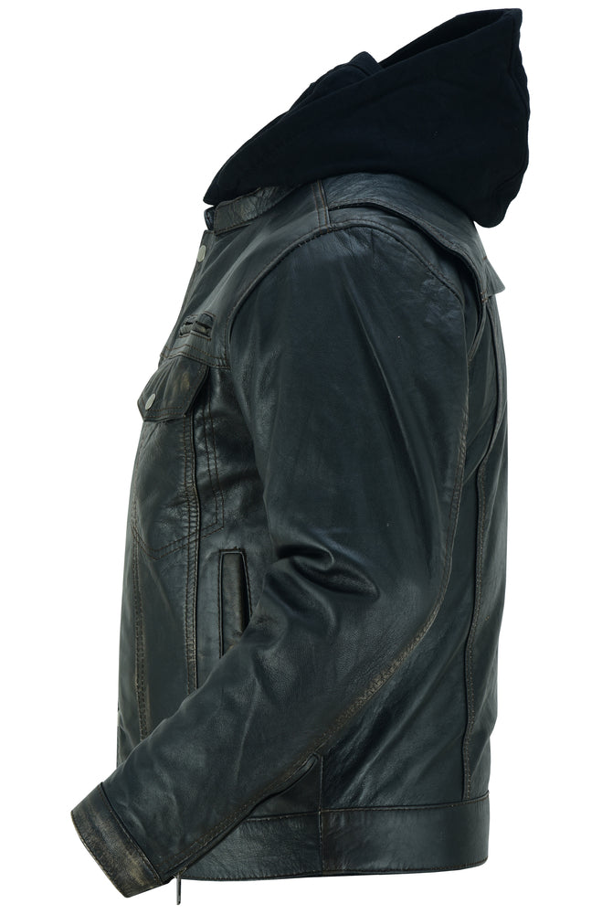 Men's Lightweight Distressed Lambskin Jacket with Removable Hoodie - Black