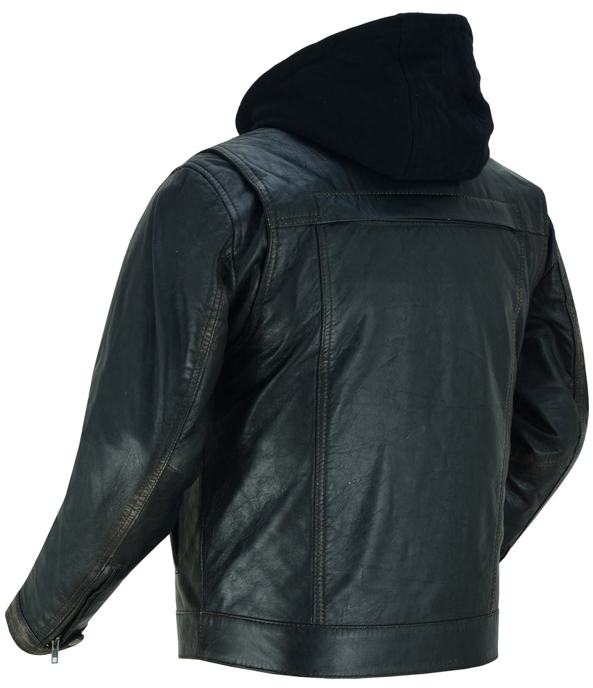 Men's Lightweight Distressed Lambskin Jacket with Removable Hoodie - Black