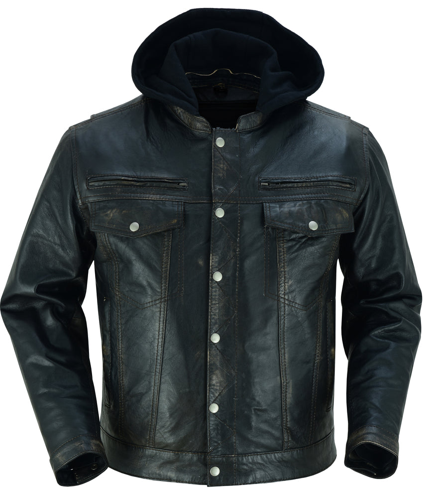 Men's Lightweight Distressed Lambskin Jacket with Removable Hoodie - Black