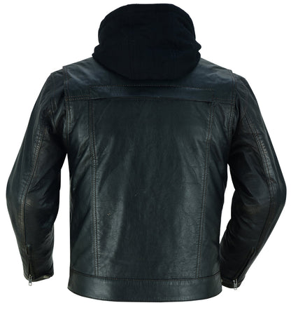 Men's Lightweight Distressed Lambskin Jacket with Removable Hoodie - Black