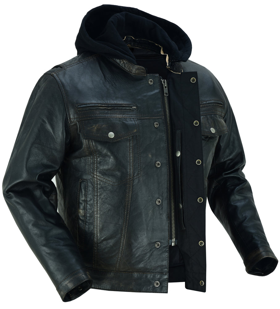 Men's Lightweight Distressed Lambskin Jacket with Removable Hoodie - Black