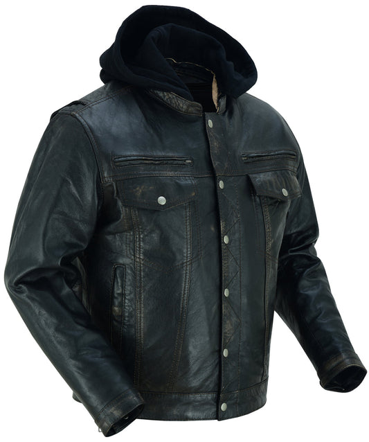 Men's Lightweight Distressed Lambskin Jacket with Removable Hoodie - Black