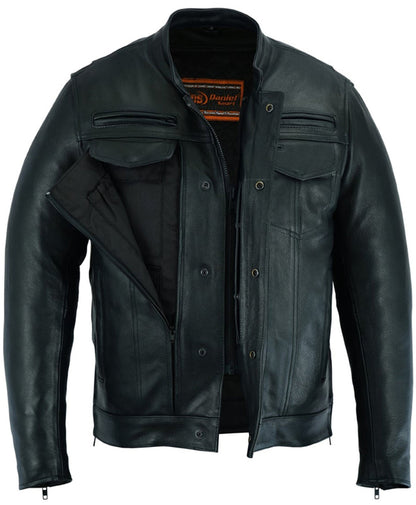 Men's Modern Utility Cowhide Leather Jacket - Black