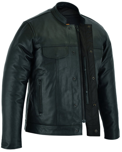 Men's Full Cut Leather jacket with Zipper/Snap Front - Black