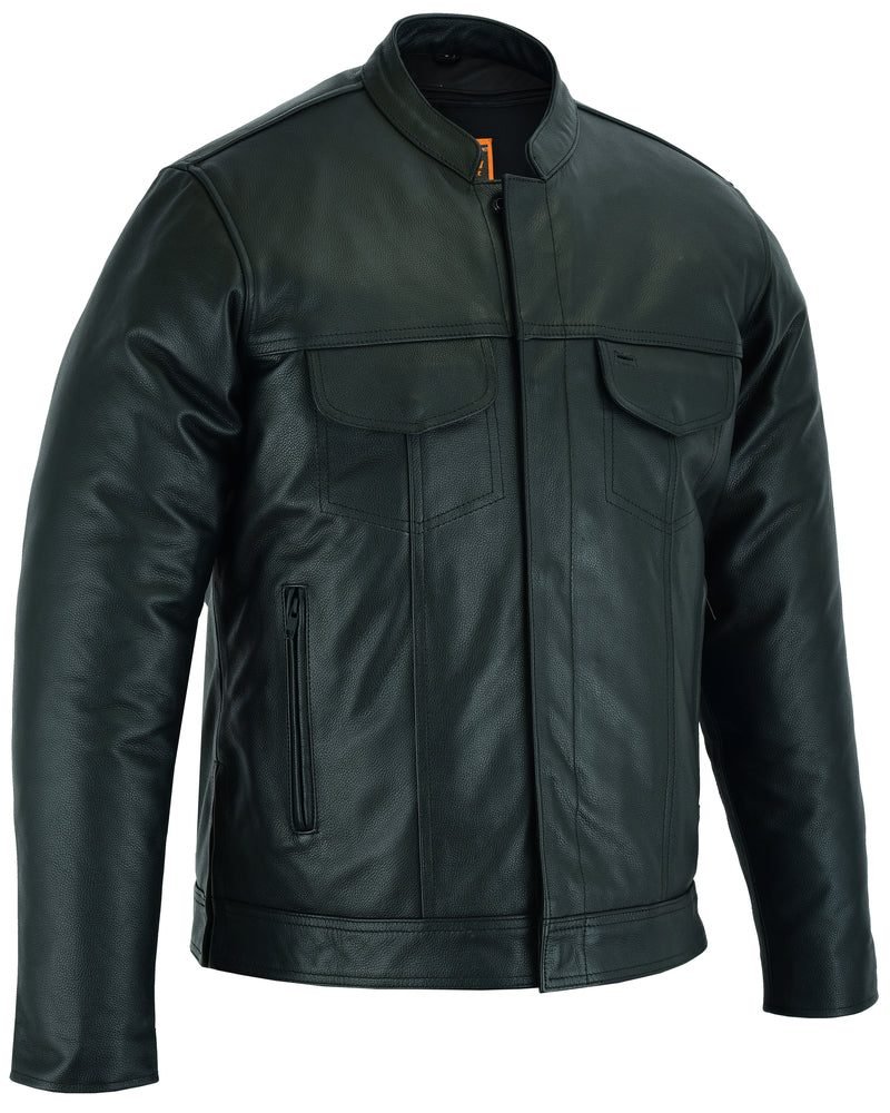 Men's Full Cut Leather jacket with Zipper/Snap Front - Black