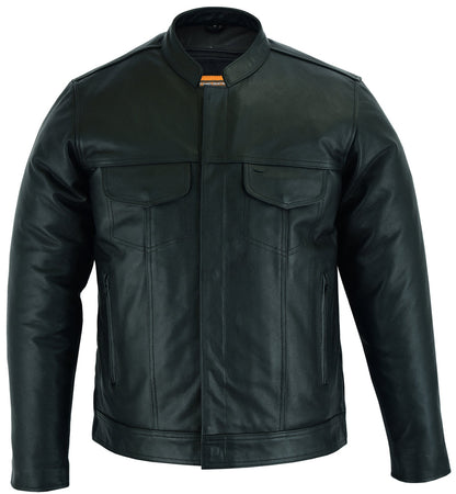 Men's Full Cut Leather jacket with Zipper/Snap Front - Black