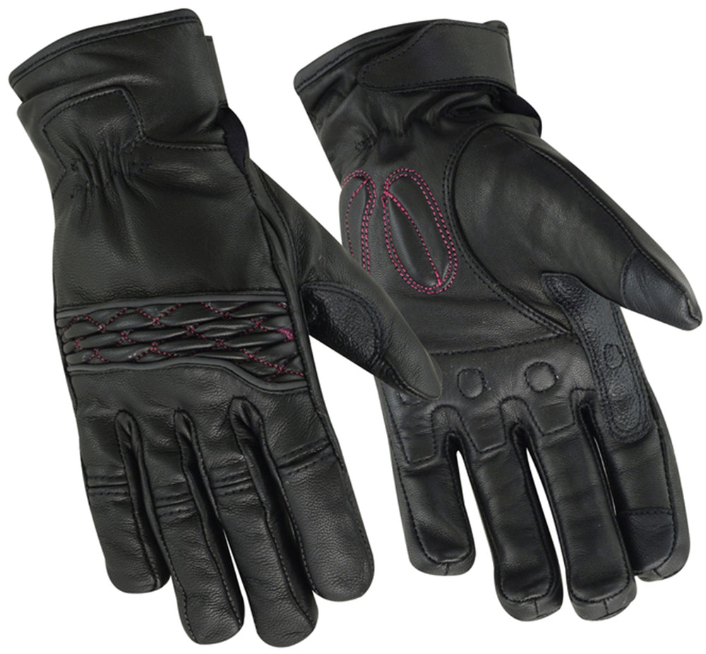 Women's Cruiser Leather Gloves – Black with Pink Stitching, Touchscreen Tips