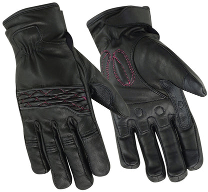 Women's Cruiser Leather Gloves – Black with Pink Stitching, Touchscreen Tips