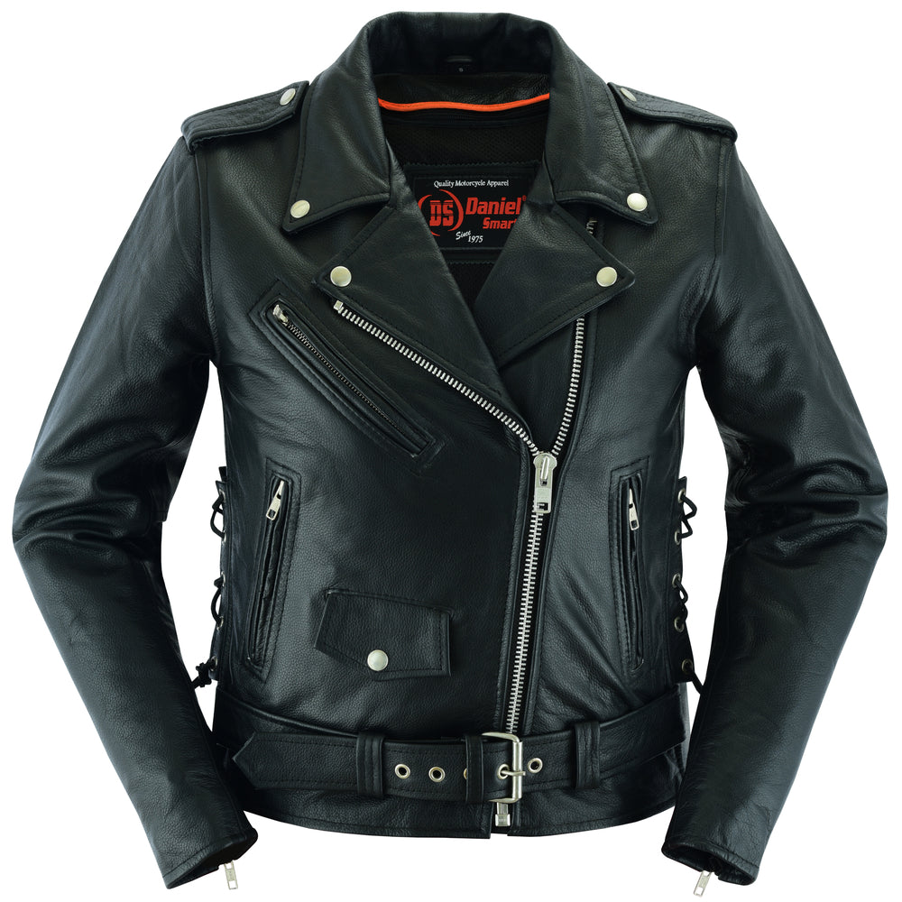 Women's Classic Side Lace Police Leather Motorcycle Jacket – Black